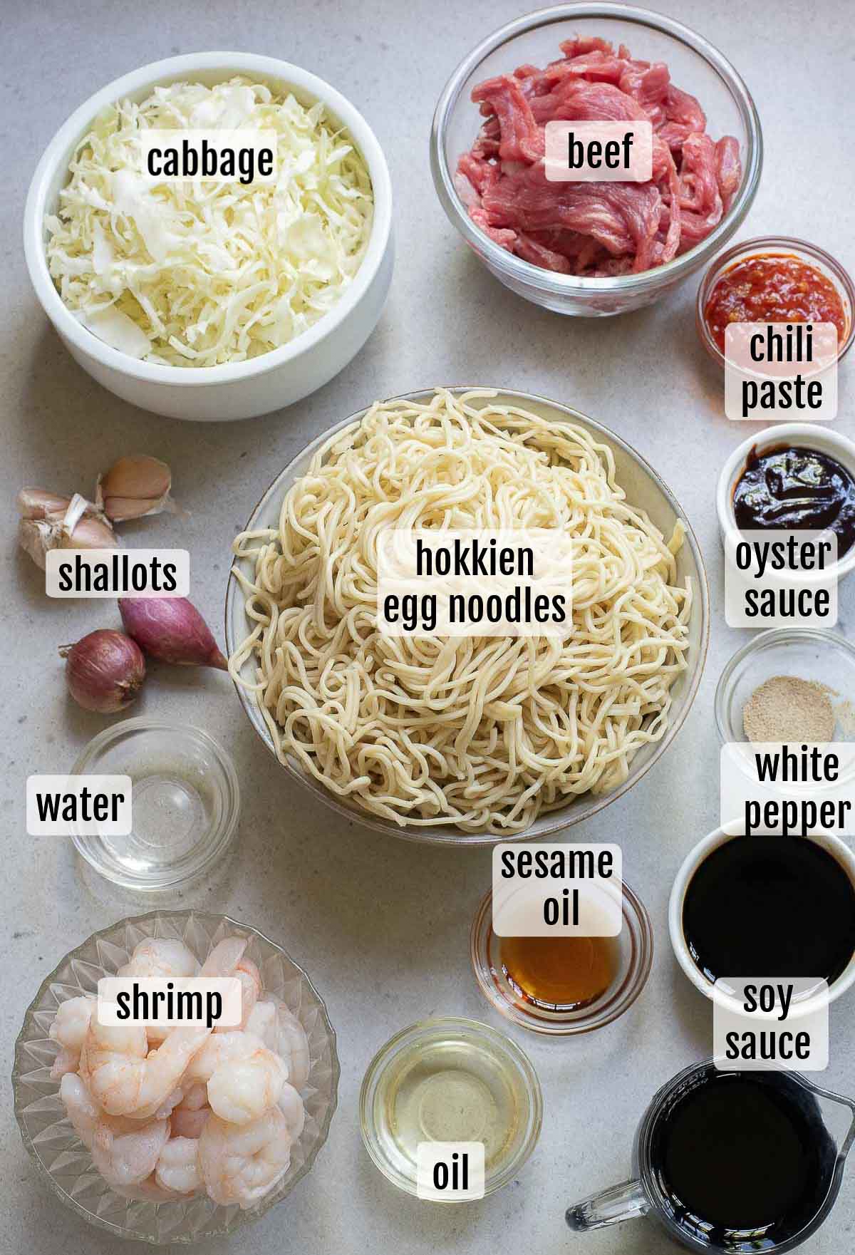 A list of ingredients for a stir-fried Chinese noodle dish.