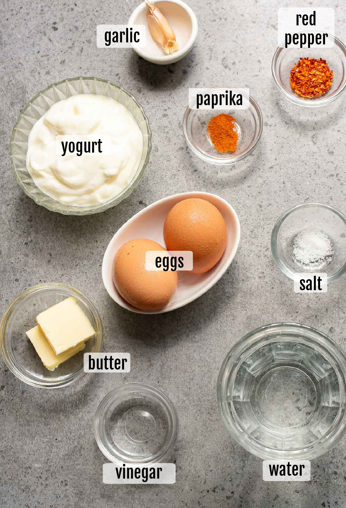 Various ingredients in bowls on a gray surface, including yogurt for Garlic Yogurt, eggs for Turkish Eggs, butter, garlic, vinegar, water, salt, paprika, and Chili Butter—each ingredient is clearly labeled with text.