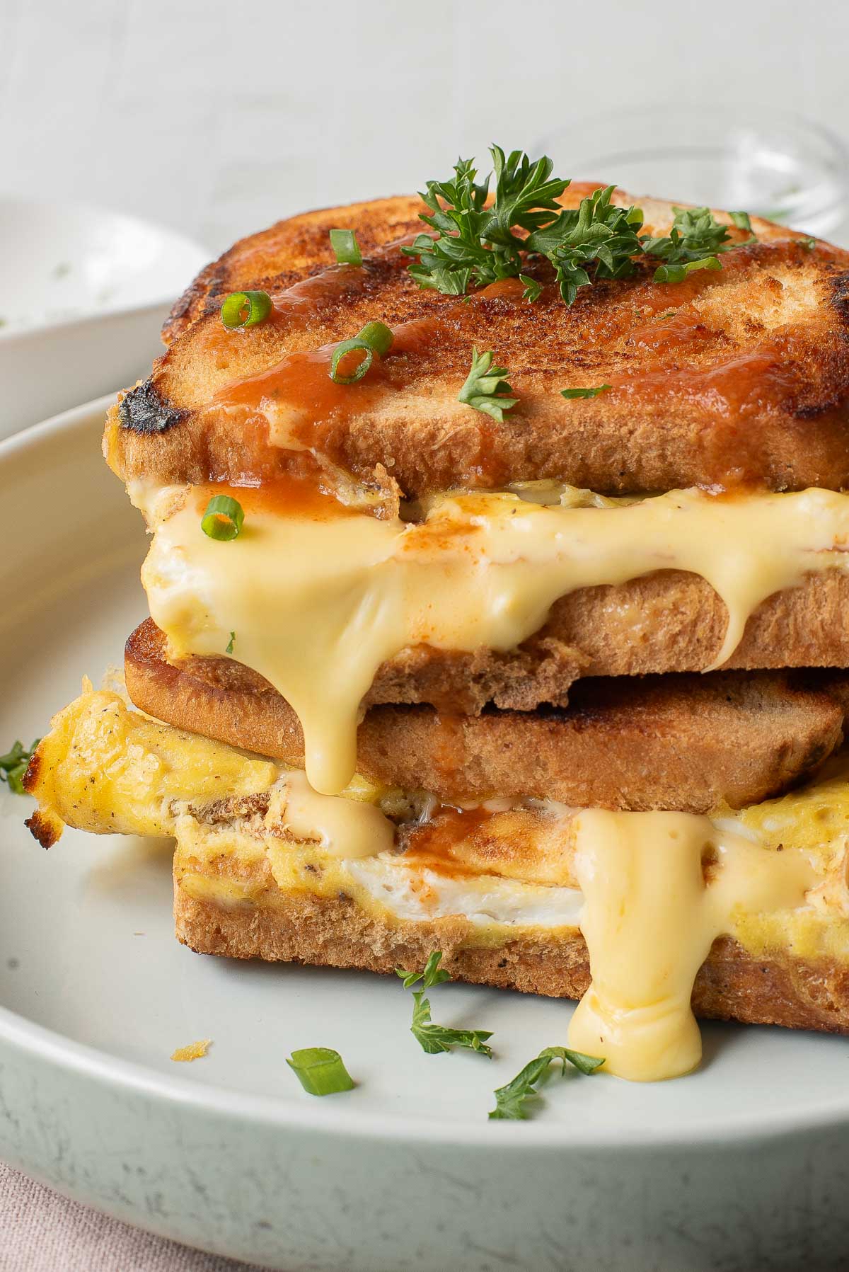 A close-up of a One-Pan Egg Sandwich cut in half, with melted cheese oozing out, garnished with chopped green onions and parsley.
