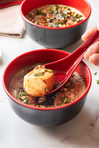 A hand holds a red spoon lifting tofu from a bowl of soup garnished with green onions, reminiscent of a comforting Chinese recipe, with another similar bowl in the background.