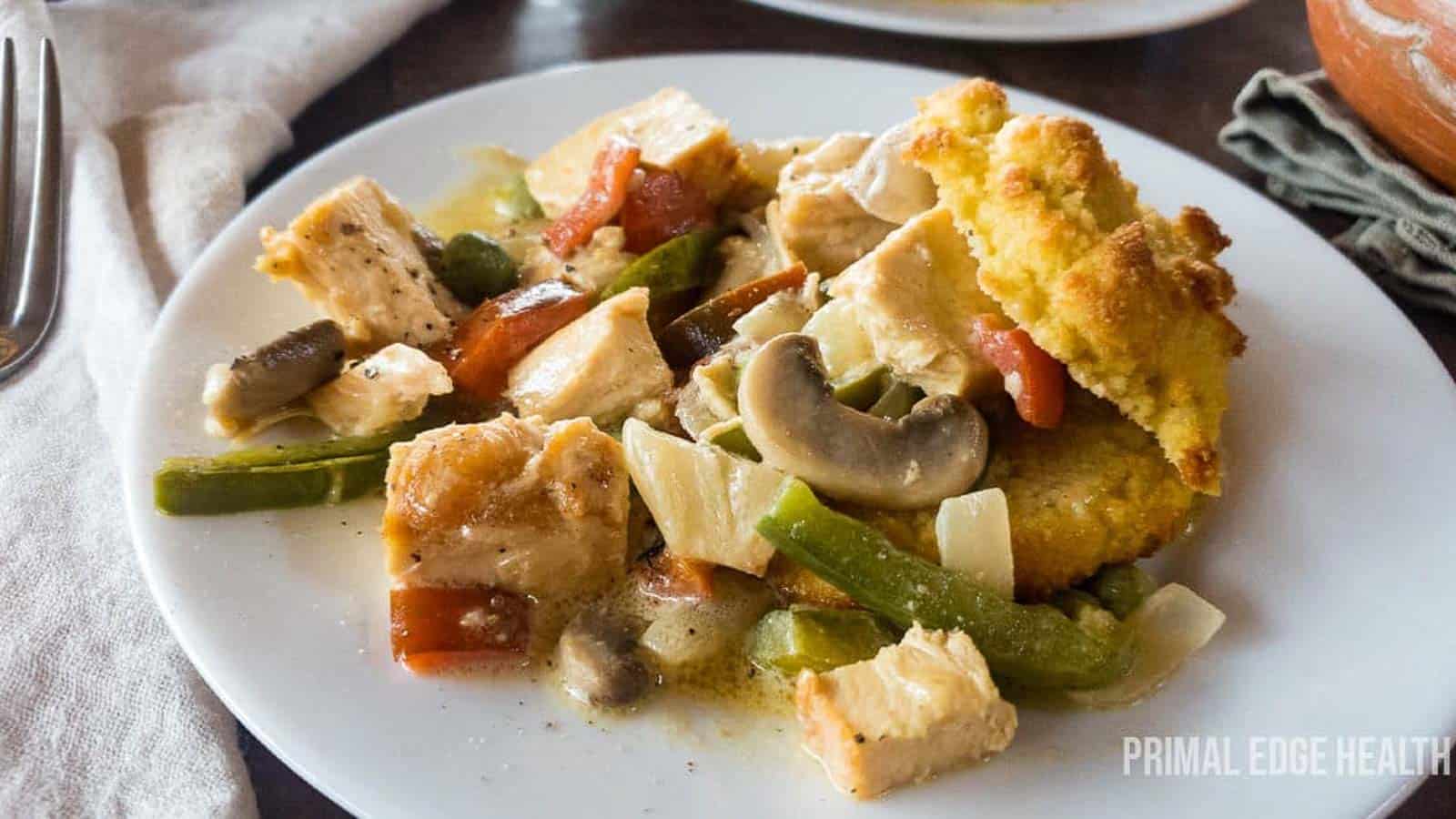 Chicken green beans mushrooms with biscuit.